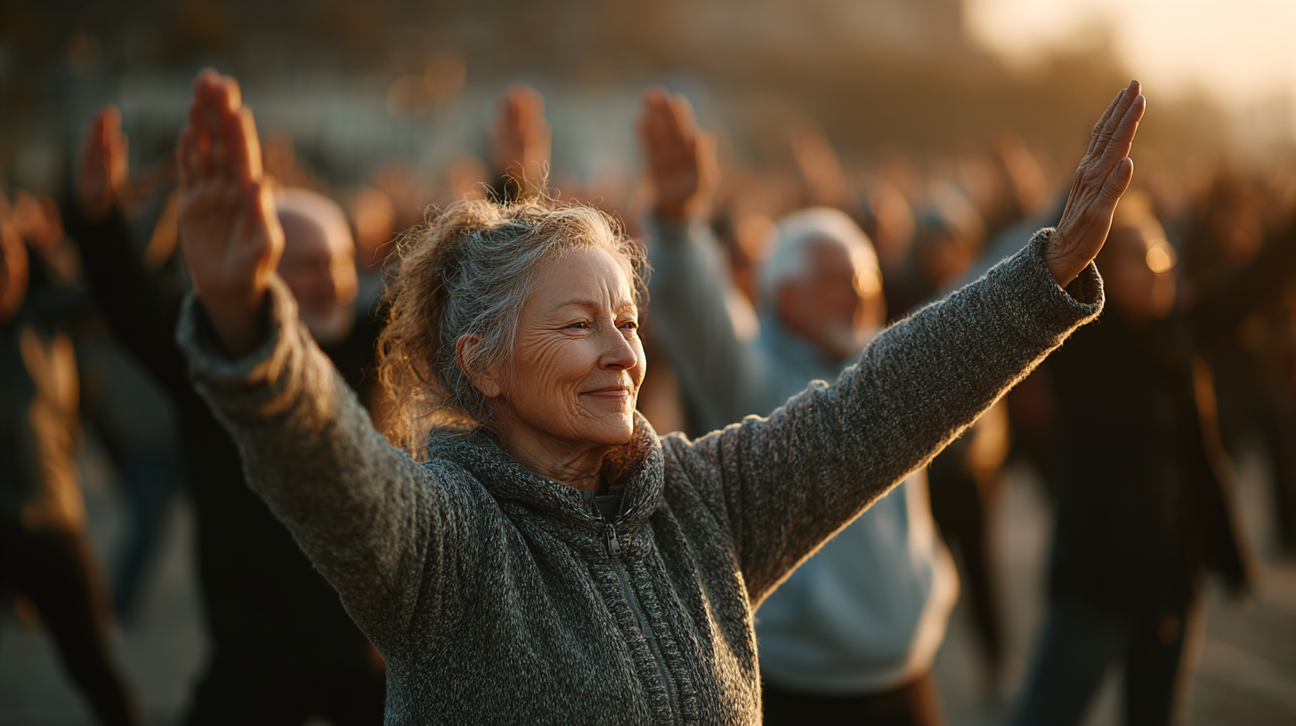 Grup de seniori practicând exerciții de stretching în parc